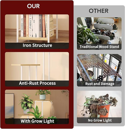 Plant Stand Indoor with Grow Light, 5-Tiered Tall Plant Stand Indoor, Metal Plant Shelf with Hanging Basket Hook and Adjustable Light, Ideal for Living Room, Garden, Patio (Maple)