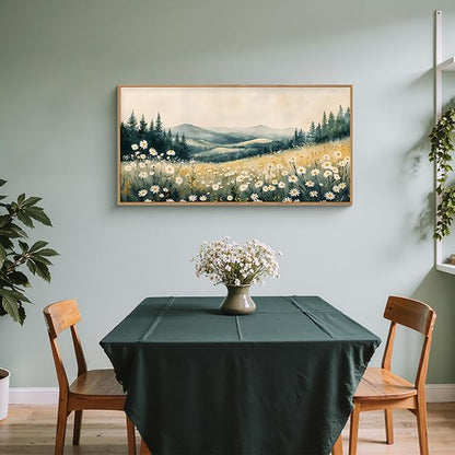Large Misty Mountain Framed Canvas Wall Art,Nature Daisy Flower Wall Decor,Modern Foggy Forest Art Painting,Abstract Woodland Landscape Artwork for Living Room,Bedroom,Dining Room-20"x40"x1