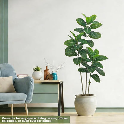 Ficus Tree Artificial Plants Indoor, 5FT Tall Fake Trees in White Pot, Large Potted Silk Floor Plant Artificial Trees, Green Lifelike Faux Ficus Tree for Home Room Office Porch Decor-Green