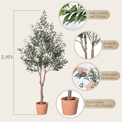 Olive Tree Artificial Plant 6FT,Artificial Olive Tree Mediterranean Silk Screened Broad-leaved Olive Tree with Realistic Fruit, Lifelike Plant Nordic Style Home Aesthetic Hotel Decor