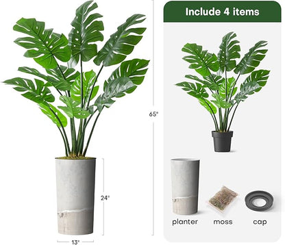Artificial Tree in Gray Tan Watercolor Abstract Planter, Fake Monstera Silk Tree for Indoor and Outdoor Home Decoration - 65" Overall Tall (Plant Pot Plus Tree)