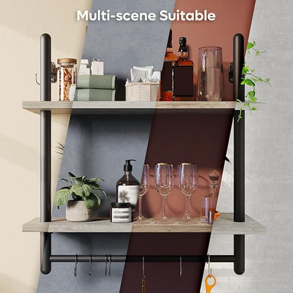 Bestier Floating Shelving 31" Kitchen Wall - Mounted Shelf with Towel Bar Hooks Coffee Bar Shelf Wine Hanging Display Rack Bookshelf Living Room Decor Bathroom - White Marble