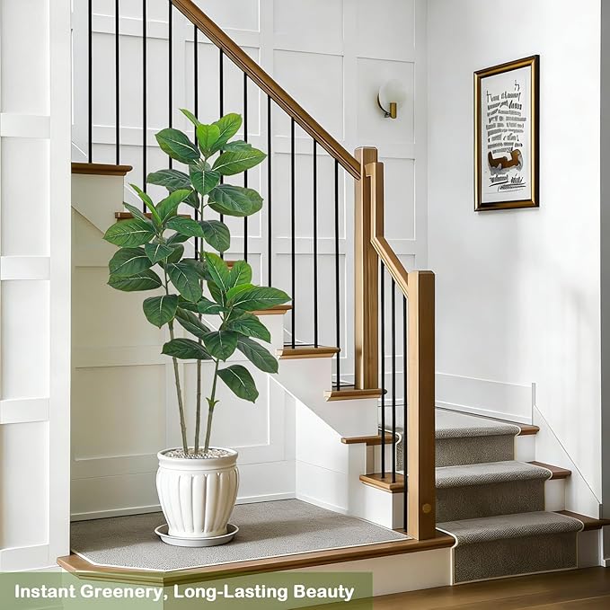 Ficus Tree Artificial Plants Indoor, 5FT Tall Fake Trees in White Pot, Large Potted Silk Floor Plant Artificial Trees, Green Lifelike Faux Ficus Tree for Home Room Office Porch Decor-Green