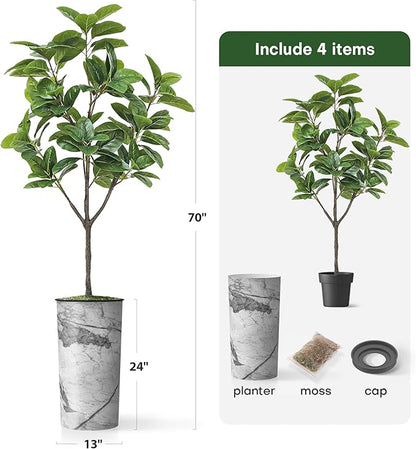 Artificial Tree in Gray Marble Effect Planter, Fake Magnolia Tree for Indoor and Outdoor Home Decoration - 70" Overall Tall (Plant Pot Plus Tree)