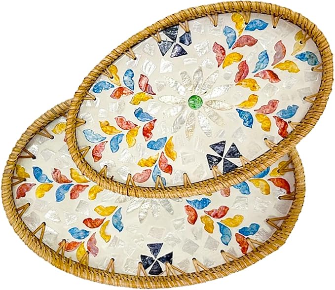 Oval Rattan Tray Bowls, 2 Pack Rattan Wicker Storage Bowls, Decorative Wicker Gift Basket for Serving Fruit Food Bread, Kitchen Counter Organizing