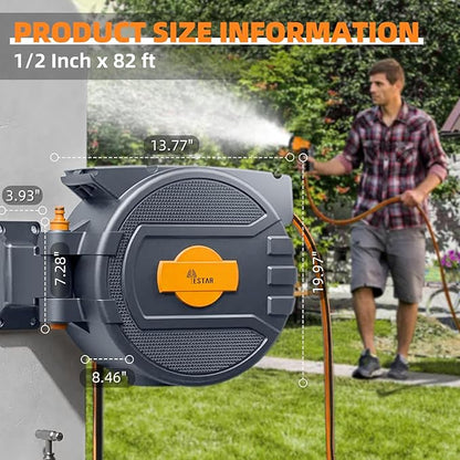 Retractable Garden Hose Reel 1/2"x82 ft, Automatic Hose Reel with 7 Pattern Nozzle, Any Length Lock Wall Mounted &180 Deg Swivel