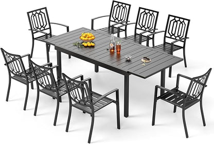 PHI VILLA 9 Piece Outdoor Dining Set for 8, Expandable Rectangular Metal Dining Table Stacking Steel Chairs for Patio, Deck, Backard, Porch