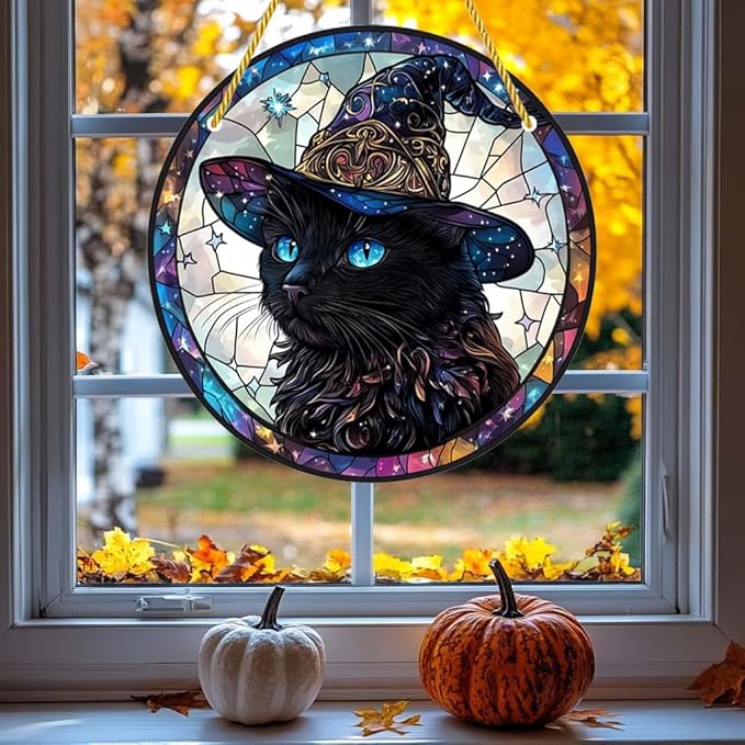 Acrylic Window Hanging Black Cat Wizard Stained Panel Window Decoration for Halloween Decorations Outdoor Indoor Garden Yard Home Halloween Decor 12 Inch