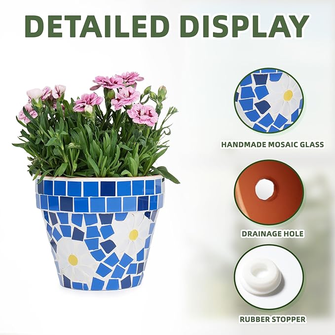 VOREEN Mosaic Terracotta Plant Pots, 2 Pack Handmade Glass Mosaic & Clay Flower Pots with Drainage Plug, Decorative Indoor Outdoor Planter Set for Home Decor, Windowsill, Balcony & Patio