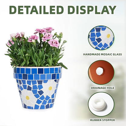 VOREEN Mosaic Terracotta Plant Pots, 2 Pack Handmade Glass Mosaic & Clay Flower Pots with Drainage Plug, Decorative Indoor Outdoor Planter Set for Home Decor, Windowsill, Balcony & Patio
