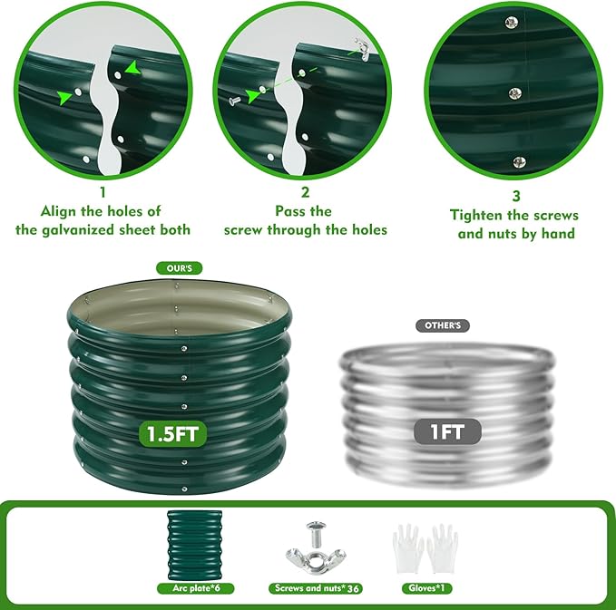 17" Tall Round Outdoor Garden Raised Garden Bed Kits-0.8MM Thick Metal Raised Planter Bed/Ground Planter Box for Variety of Flowers,Herbs,Vegetables,Trees (Dark Green, 24 Dia X 16.5 inches)