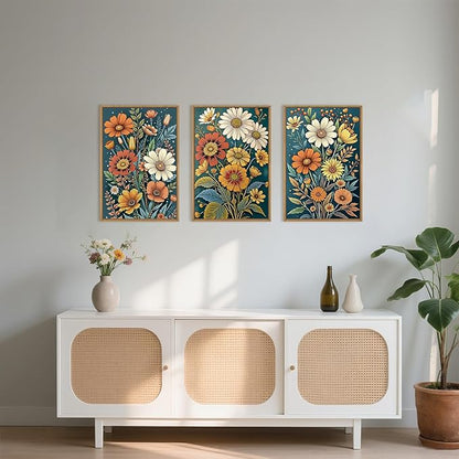 HOURIA Boho Vintage Floral Framed Canvas Wall Art Set,Nordic Retro Colorful Wildflower & Green Leaves Wall Decor,Abstract Vibrant Bouquet Botanical Artwork for Living Room, Bedroom,Farmhouse-16"x24"x3