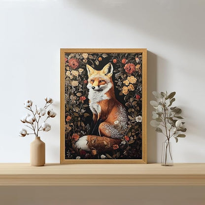 LLEEMPI William Morris Wall Art, Vintage Botanical Floral Wall Decor, Fox Flower Canvas Painting, Abstract Nature Botanical Aesthetic Picture for Living Room Bedroom Hallway Wood Framed 16x24 inch