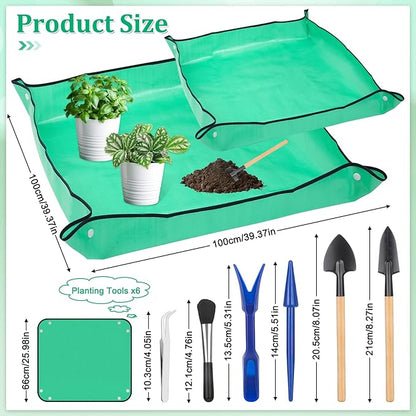 Plant Repotting Mat for Garden, 2 Pcs Waterproof Potting Mat Foldable Indoor Plant Mats Portable Square Gardening Mat Potting Tray with 6 Pcs Mini Garden Tools Set for Plant Lovers Gardening Gifts