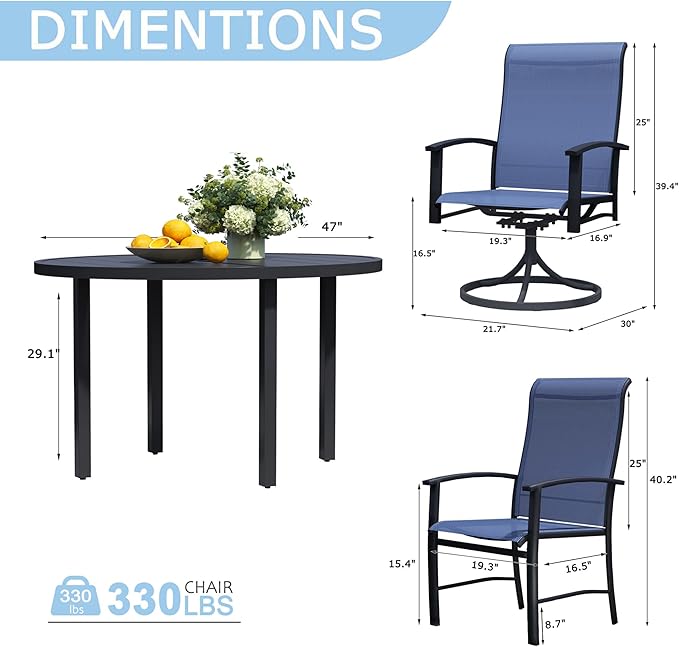 7 Piece Outdoor Dining Set, 47" Black Round Outdoor Dining Table with 2 Blue Swivel Outdoor Dining Chairs and 4 Fixed Patio Table and Chair Set of 6 for Lawn, Garden, or Porch