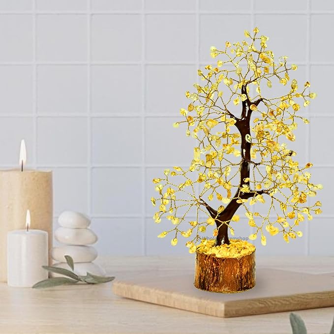Citrine Crystal Tree with Golden Wire – Handmade Feng Shui Gemstone Bonsai for Wealth & Positivity
