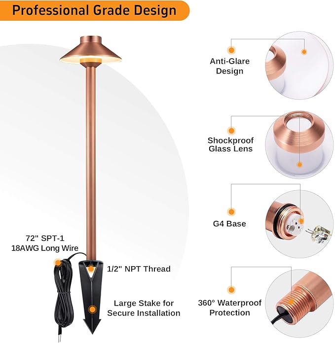 Gardenreet Outdoor Brass Pathway Lights, Warm & Neutral White Adjustable Low Voltage Landscape Path Lighting, 12v Walkway Light LED Waterproof, Copper for Outside Garden Yard with G4 Bulb (4 Pack)