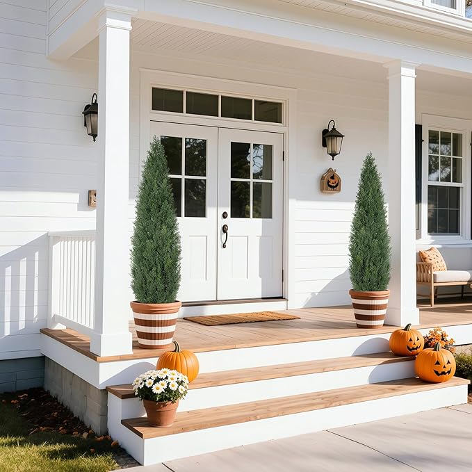 Artificial Cedar Trees for Outdoor 4 FT, 2 Set Outdoor Faux Cedar Bushes Topiary UV Protection and Lush Fake Cypress Shrubs for Front Door Porch Patio Garden Balcony Fence Outside Decoration