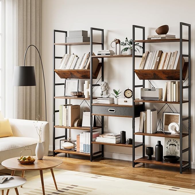 OTK Triple Wide 5 Tier Bookshelf, Adjustable Bookcases with 14 Open Display Shelves, Rustic Industrial Style Bookshelves for Bedroom, Living Room and Home Office, Rustic Brown