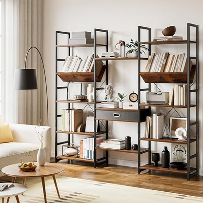 OTK Triple Wide 5 Tier Bookshelf, Adjustable Bookcases with 14 Open Display Shelves, Rustic Industrial Style Bookshelves for Bedroom, Living Room and Home Office, Rustic Brown