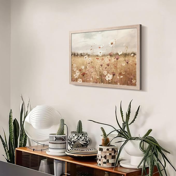 Framed Vintage Wildflower Wall Decor Light Colored Wildflower Print Country Floral Canvas Painting Natural Botanical Landscape Wall Decor for Farmhouse Living Room or Bedroom 16x24 Inch