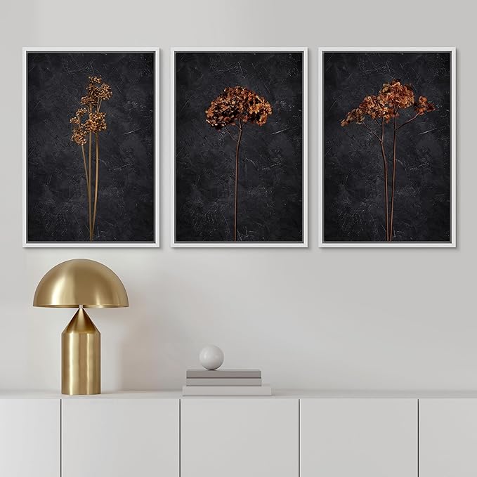 Ashbrook Framed Canvas Print Wall Art Set Grunge Moody Orange Flower Nature Wilderness Illustrations Modern Art Decorative Floral Botanical Minimal Calm/Relax/Cozy for Bedroom - 24"x36"x3 WHITE