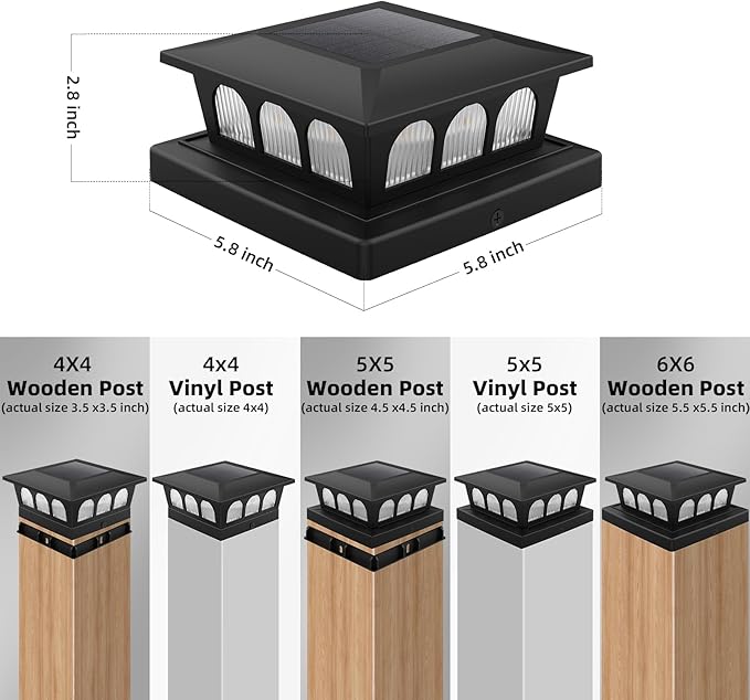 12 Pack Solar Post Cap Lights, Warm White & Cool White Auto On/Off, Waterproof Fence Post Solar Lights for 4x4 5x5 6x6 Wood/Vinyl Posts, Fence, Deck, Patio, Garden Decor (Black)