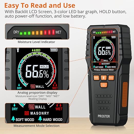 Proster Pinless Wood Moisture Meter - Non Destructive Moisture Tester for Wood Wallboard Masonry, Detect up to 3/4 Inch Below Surface, Backlit Color LCD, Visual Audible Alarm