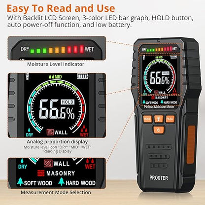 Proster Pinless Wood Moisture Meter - Non Destructive Moisture Tester for Wood Wallboard Masonry, Detect up to 3/4 Inch Below Surface, Backlit Color LCD, Visual Audible Alarm