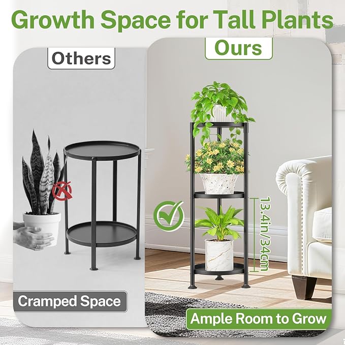 iDavosic.ly 3 Tier Plant Stand Indoor with 10 Inch Wide Tray, Vertical Corner Metal Outdoor Flower Display Holder Shelf, Folding Tall Rack for Patio Porch Living Room, Modern Black