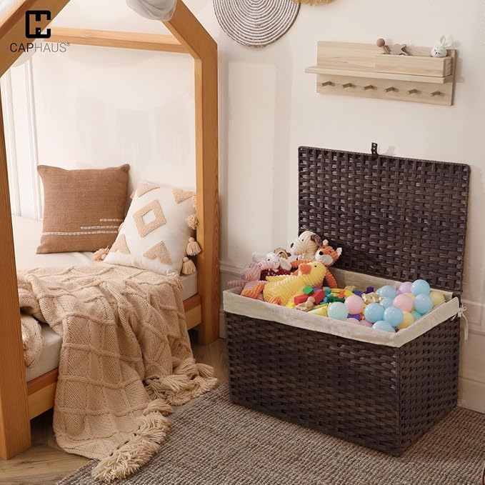 CAPHAUS Foldable Laundry Basket w/Lid, Synthetic Rattan Hamper w/Handles, 2 Removable Liner Bags, Large Storage Basket, 65L, Natural