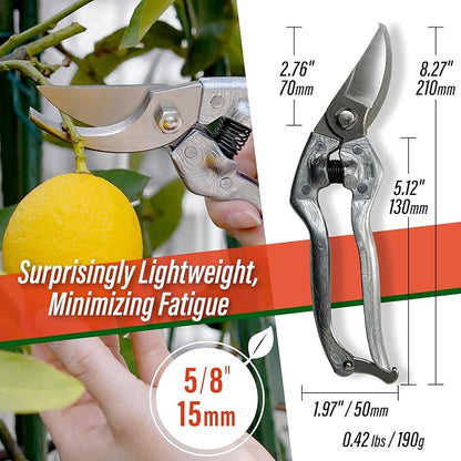 SUIZAN Bypass Pruning Shears 8.3” Plus Forged Aluminum Handle - Professional Japanese Hand Pruners Garden Scissors Gardening Tools