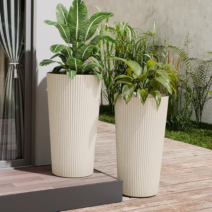 Tall Outdoor Planter Set of 2-23.6" Large Striped Plastic Flower Pots, Decorative Indoor/Outdoor Planters for Porch, Patio, Balcony & Garden, Cream