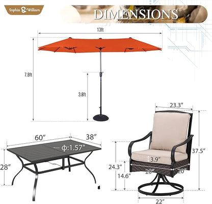 Sophia & William Patio Table and Chairs Set with Umbrella 8 Piece Outdoor Dining Set for 6 with 13ft Double-Sided Patio Red Umbrella, 6 x Swivel Patio Chairs, 1 Metal Table for Lawn Garden