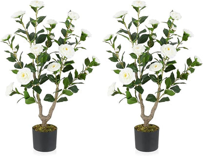 Goplus 36’’ Artificial Camellia Tree, 2 Pack Flower Plants Artificial Tree, Faux Floral Plant Blooming Tree in Nursery Pot, Greenery Potted Plant for Indoor Office Home Porch Decor, White
