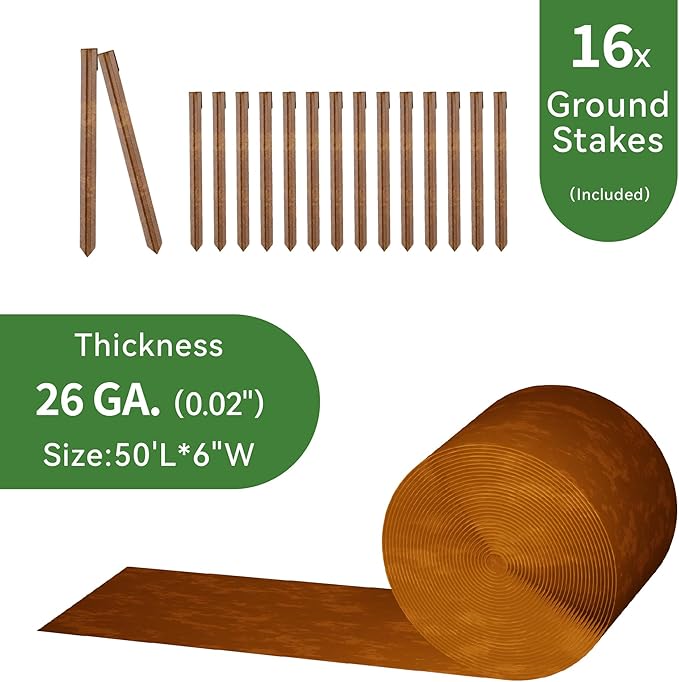 Worth Galvanized Steel Landscape Edging 6" x50' Metal Garden Edging Roll Flexible Bender Border with 16Pcs Stakes for Lawn, Flower Bed Edges, Rust-Colored Painted
