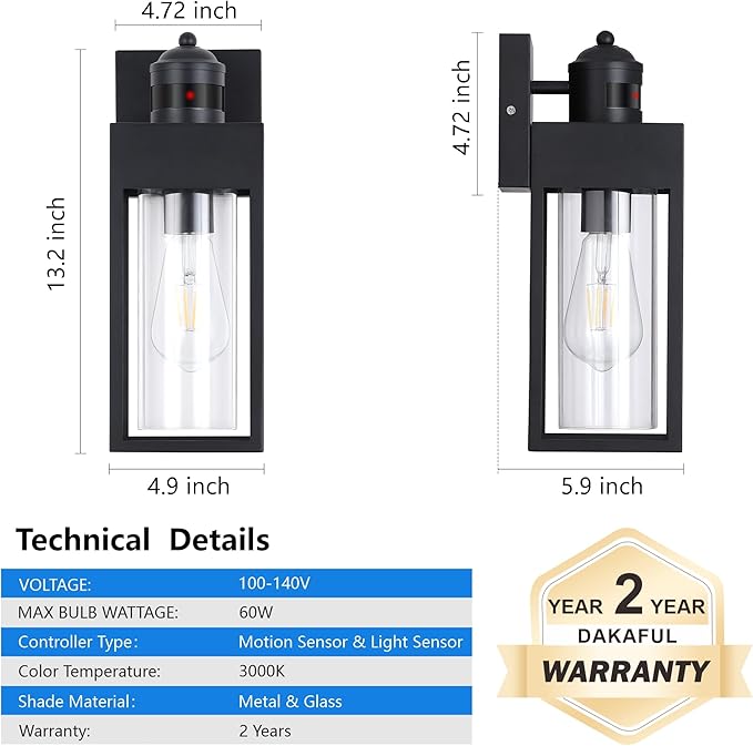 Motion Sensor Outdoor Wall Lanterns 2 Packs, Upgrade Dusk to Dawn Exterior Light Fixture, 3 Lighting Modes, Waterproof Front Porch Lights for Garage Patio Garden House Entryway, Black.