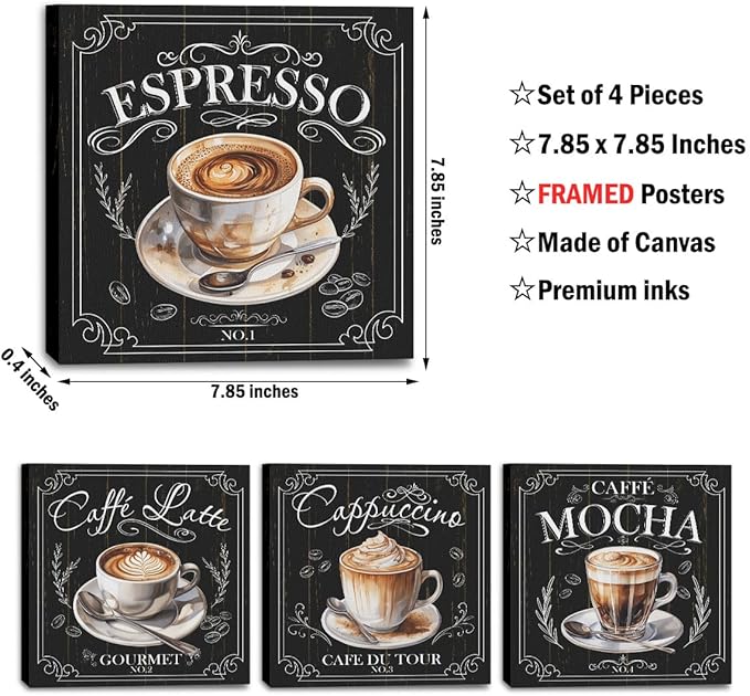 4 PCs Coffee Wall Decor Canvas Wall Art Framed Art Coffee Bar Decor Posters, Gifts for Coffee Lovers, Coffee Bar Sign, Artwork for Walls Coffee Station Dining Room Kitchen Home Office Decor