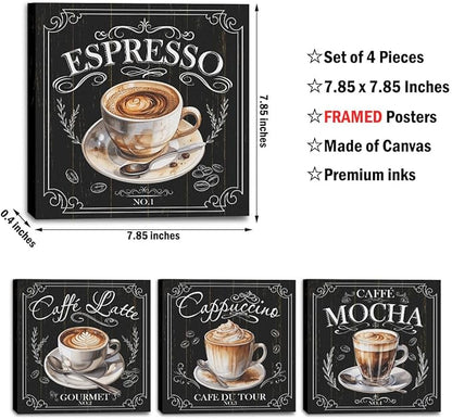 4 PCs Coffee Wall Decor Canvas Wall Art Framed Art Coffee Bar Decor Posters, Gifts for Coffee Lovers, Coffee Bar Sign, Artwork for Walls Coffee Station Dining Room Kitchen Home Office Decor