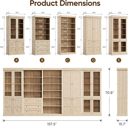 Vyre 70.8" Tall Farmhouse Bookshelf with Glass Doors, Modular Bookcase with 6-Tier Adjustable Shelves, Large Storage Cabinet for Kitchen, Living Room, Set of 4, Brown