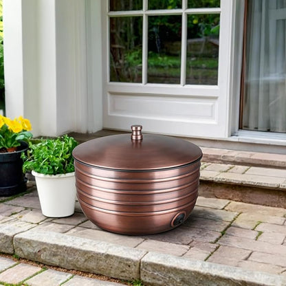Monarch Abode Garden Hose Holder with Lid – Decorative Water Hose Holders for Outside, Border Embossed Metal Antique Copper Pot with Drainage, 100ft Waterhose Holder for Outside, Garden Storage Caddy