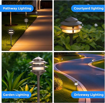 Gardencoin Pagoda Low Voltage Landscape Pathway Lights, 12V Outdoor LED Path Lights Wired, Aluminum Walkway Lighting with 4W 2700K Replaceable G4 Bulb, Bronze Classic 3-Tier Lantern, 12 Pack