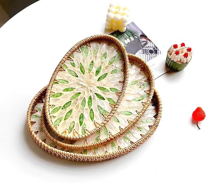 i-lan Set of 3 Oval Rattan Serving Trays with Mother of Pearl Inlay, 13" 12" 11" Woven Platters for Home Decor, Coffee Table, Vanity & Display