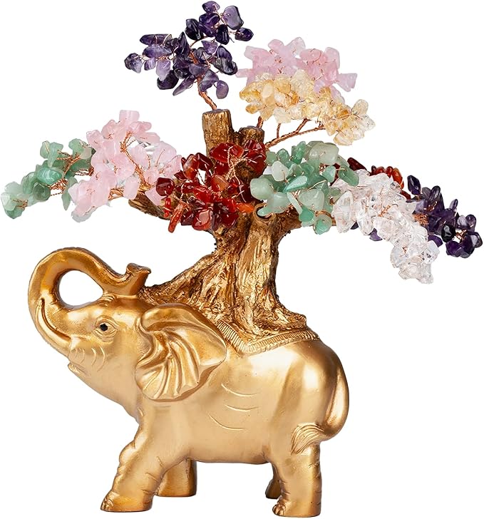 7 Chakra Crystal Money Tree on Gold Mini Elephant Statue, 10”Gemstone Bonsai Tree of Life Home Décor Gifts for Wealth Positive Energy, Feng Shui Décor