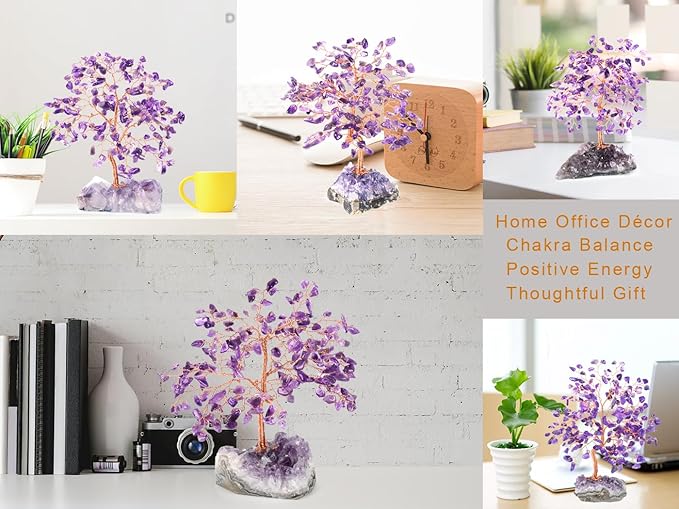 Handmade Chakra Gemstone Crystal Tree of Life,Natural Amethyst with Amethyst Cluster Base,Bonsai Feng Shui Decor Money Tree,Healing Crystals Positive Energy Gift Size 5.5"-6.3"