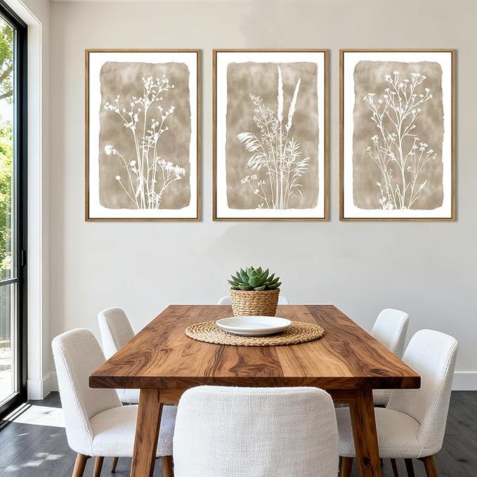 ANHUIB Beige Artwork 16x24 Inch Framed Beige Floral Wall Art Large Neutral Wildflower Wall Decor Vintage Plant Art Prints Set of 3 for Living Room Bedroom Office