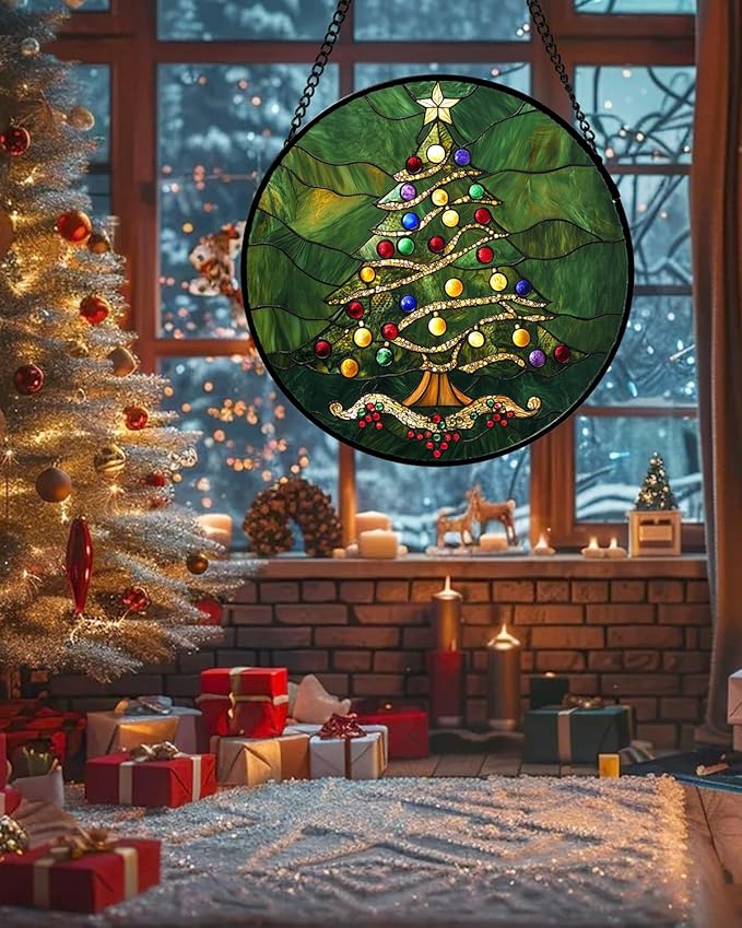 Stained Glass Window Hanging - Green Christmas Tree with Colorful Lights Suncatcher for Doors Home Christmas Decoration Sun Catcher Thanksgiving New Year Birthday Gifts for Women Men Mom Nana 7.8 in