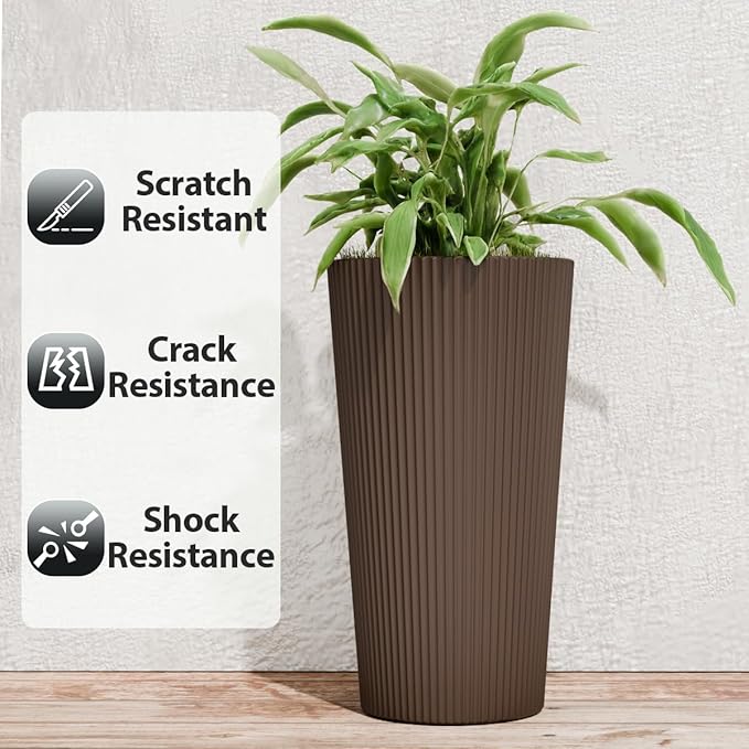 Tall Outdoor Planter Set of 2-23.6" Large Striped Plastic Flower Pots, Decorative Indoor/Outdoor Planters for Porch, Patio, Balcony & Garden, Brown