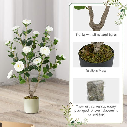 Goplus 36’’ Artificial Camellia Tree, Flower Plants Artificial Tree, Faux Floral Plant Blooming Tree in Nursery Pot, Greenery Potted Plant for Indoor Office Home Porch Decor, White