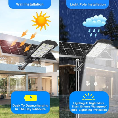 Solar Street Lights Outdoor, 6600W Solar Flood Parking Lot Lights With Remote Security Motion Sensor Led Fixture Dusk to Dawn IP66 Waterproof For Stadium,Pathway,Yard,Driveway,Roadway,Basketball Court